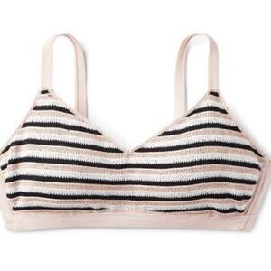 Plus size 2X bikini top with pink, beige & black crocheted knit front. Adj strap